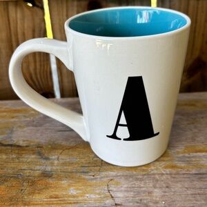 Fisher Monogram Initial A Tall Two Tone Blue & White Stoneware Coffee Mug 16oz